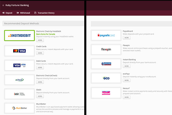 Ruby Fortune CAD deposit options