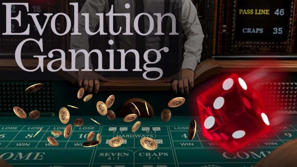 evolution casinos gaming logo and a roulette table and red dice