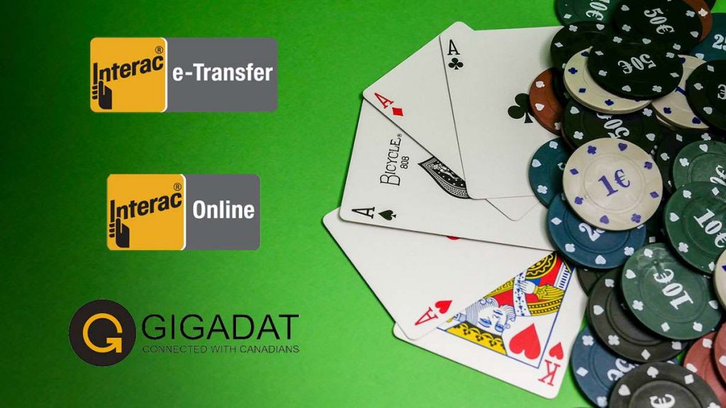 Interac Casinos, Interac e-transfer casinos, and Gigadat Casiinos graphic on green background with playing cards and poker chips