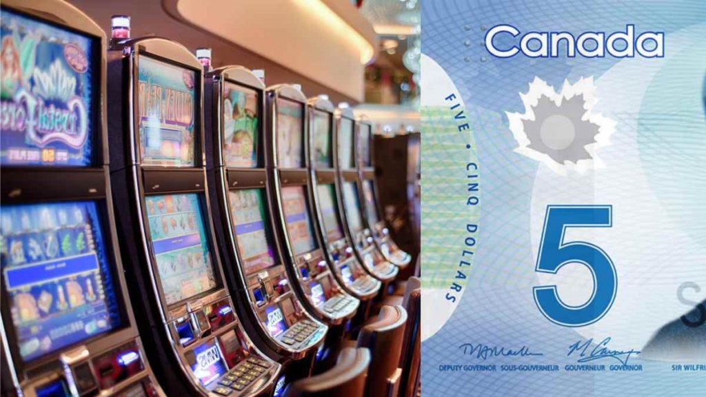 Picture of casino slot machines and a Canadian 5 dollar bill