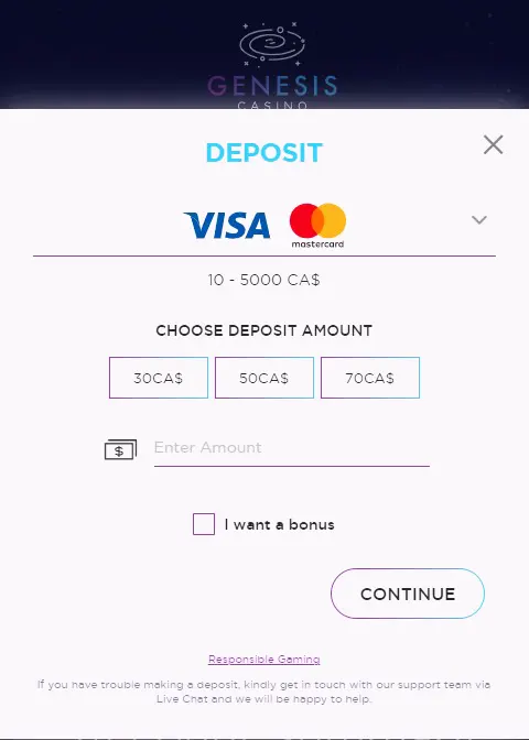Genesis casino accept Visa and Mastercard