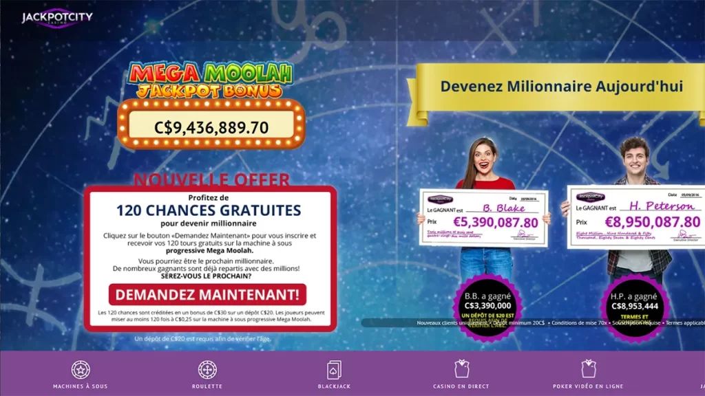 Mega Moolah 120 tours gratuits offre exclusive sur Jackpot City