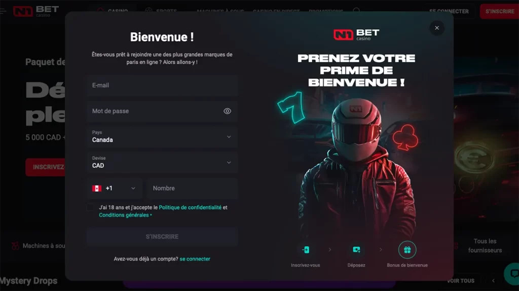 N1 Bet casino sign up screenshot