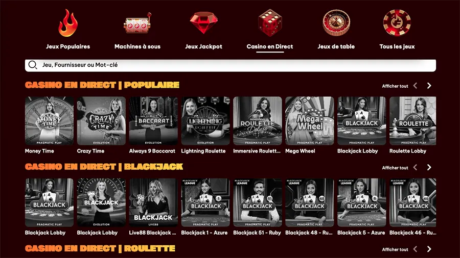 Flamez jeux de casino avec croupier en direct