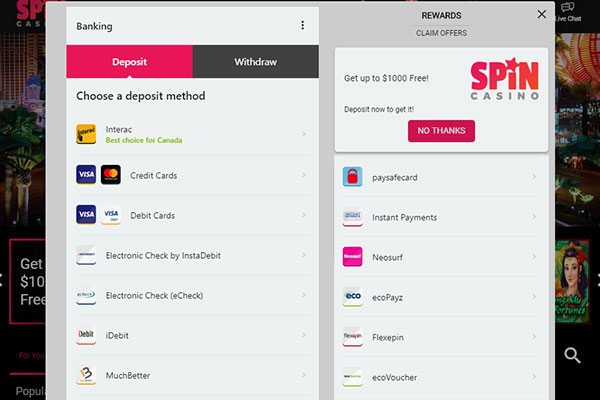 Spin Casino CAD banking screen