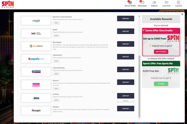 Spin Casino deposits 2