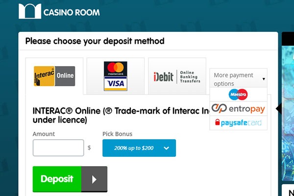 Casino Room CAD deposit methods screenshot
