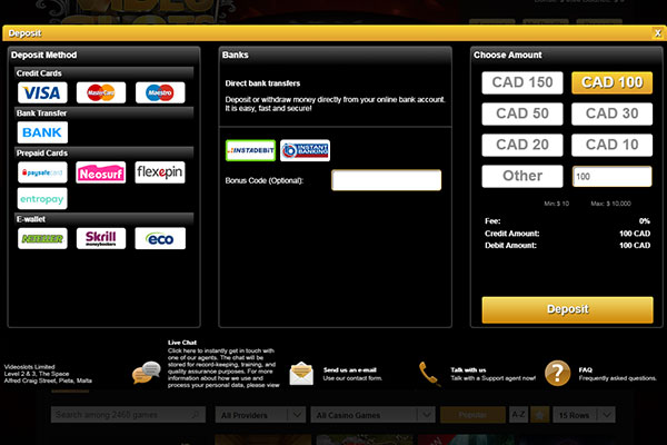 Videoslots CAD deposit methods