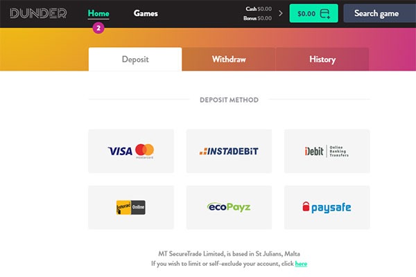 Dunder casino CAD deposits