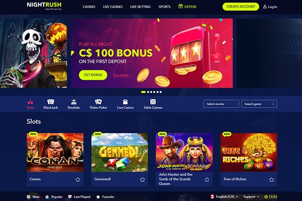 Night Rush Casino Canada homepage