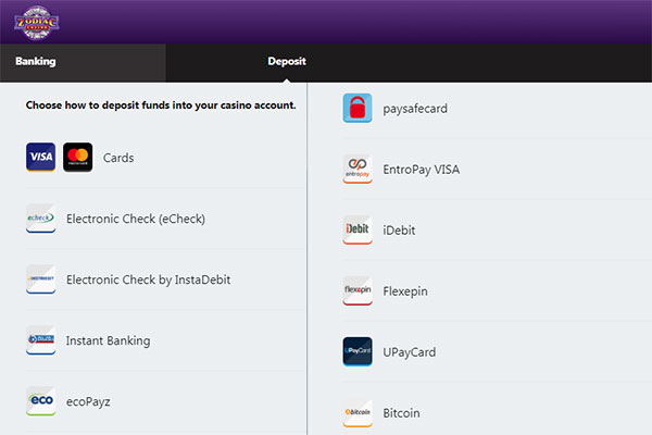 Zodiac Casino CAD banking page