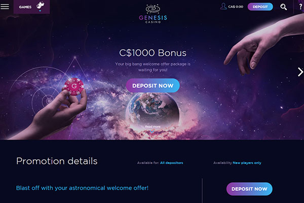 Genesis Casino Canada home page