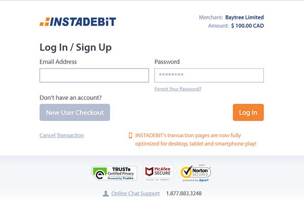 Instadebit casino deposit screen