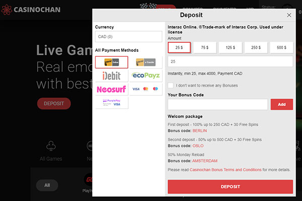 CAsinoChan CAD deposits