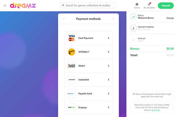 Dreamz Casino Payment Methods