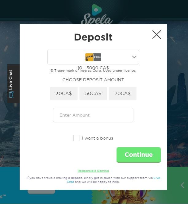 Deposit screen Interac