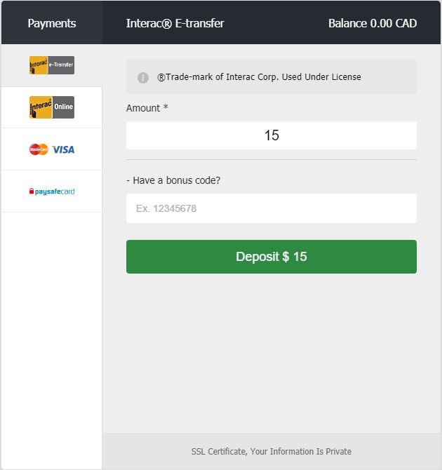 10bet deposit screen