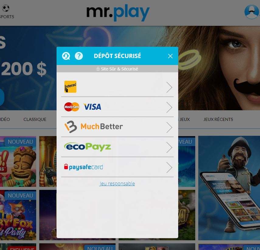 Mr Play CA FR modes des paiement