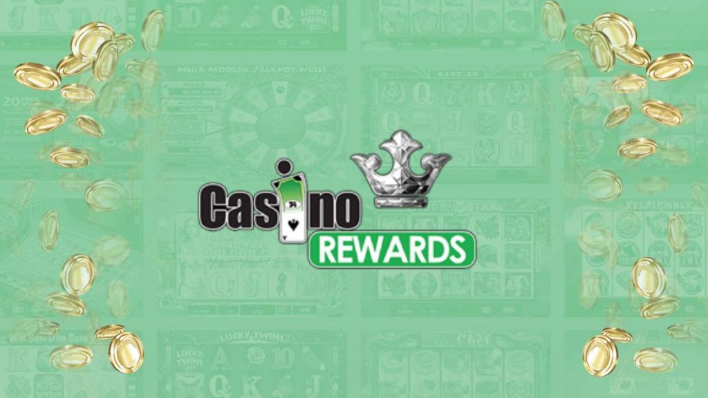 casino rewards logo on light green background with gold coins on the sides
