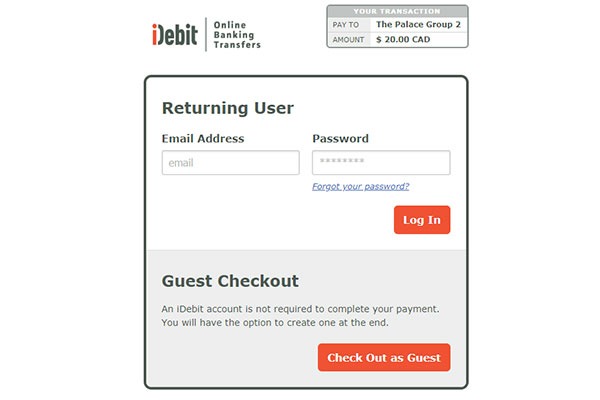 Screenshot of the iDebit Canada login page