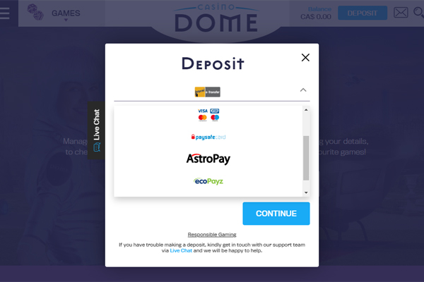 Casino Dome banking methods