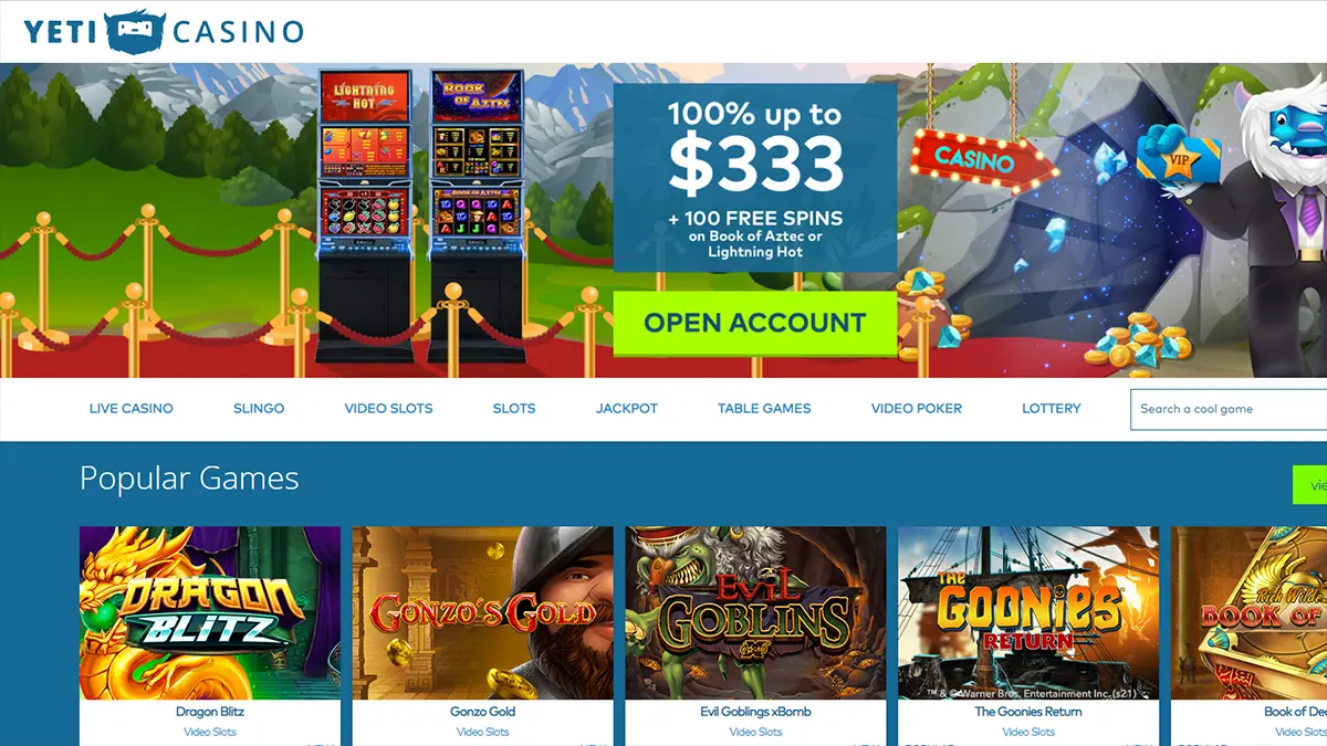Yeti Casino homepage