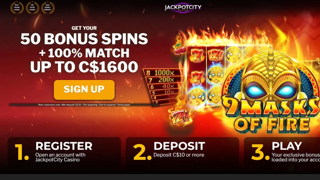 Jackpot City Bonus - 50 Free Spins on 9 Masks of Fire