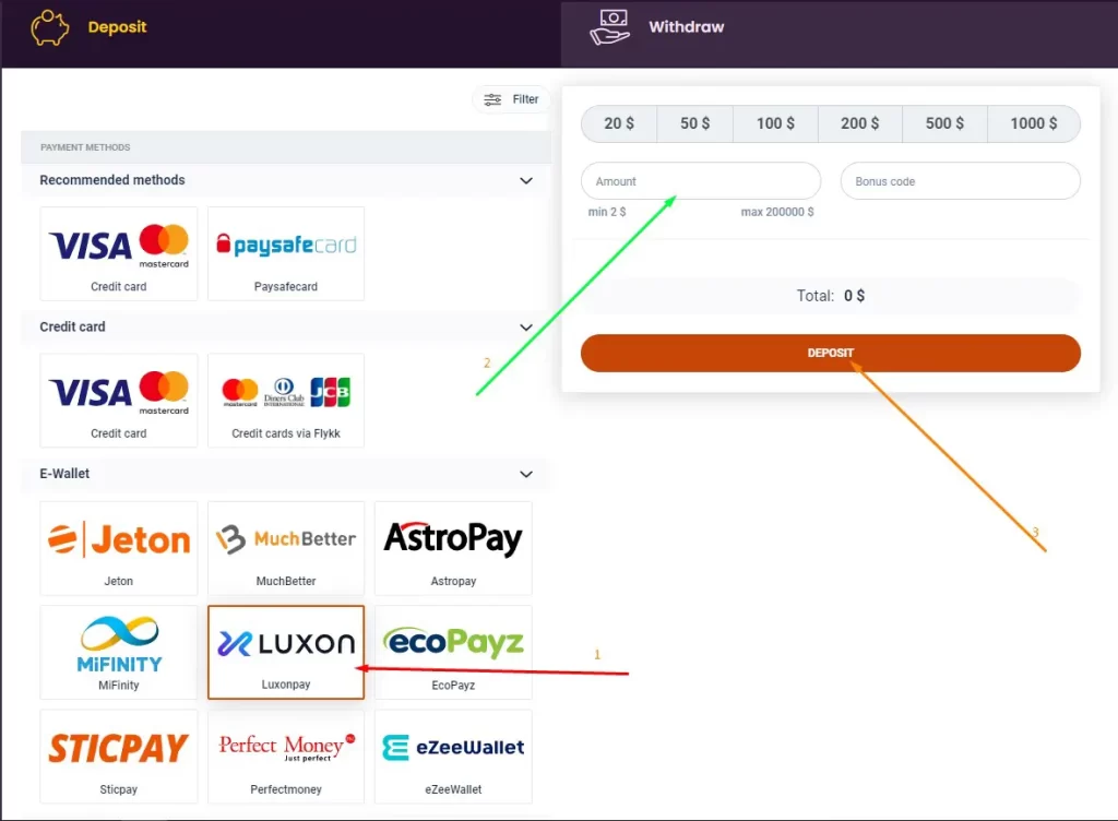 Luxon Pay Deposit Screen