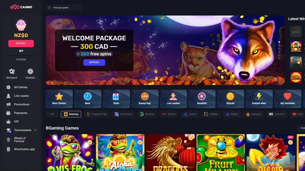 Woo Casino home page screenshot