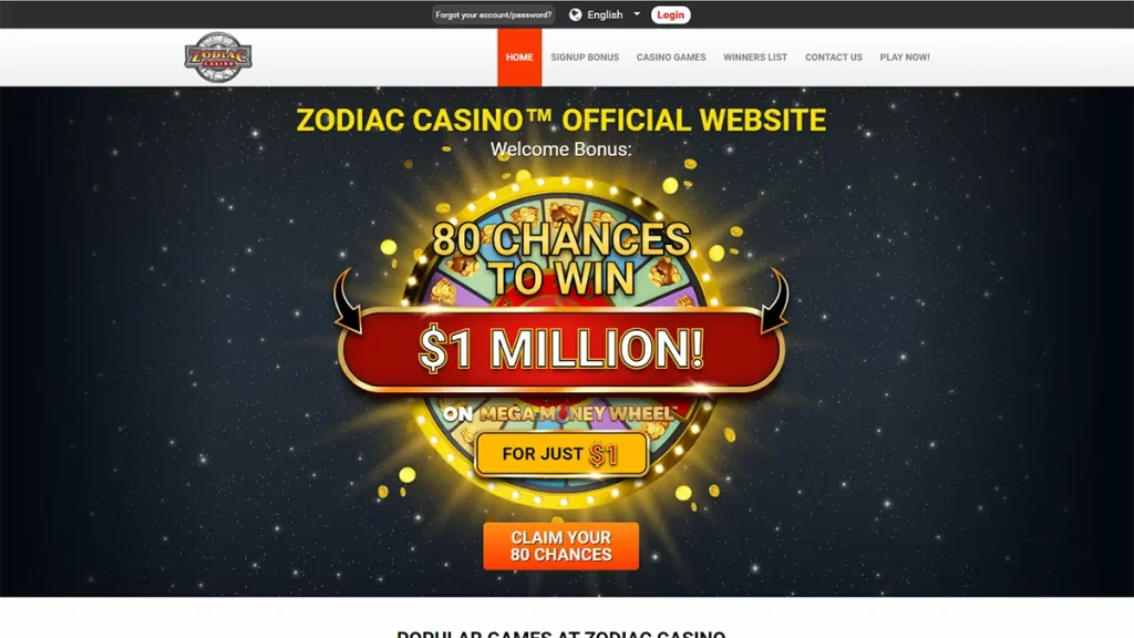 Zodiac Casino CA homepage