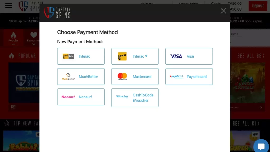 Captain Spins Payment Methods