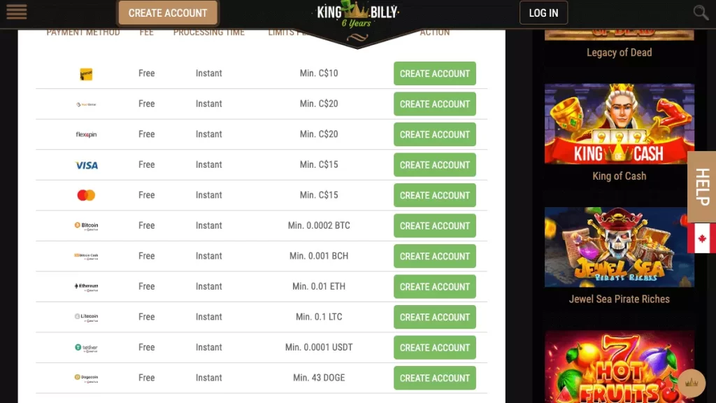 King Billy Payment Methods