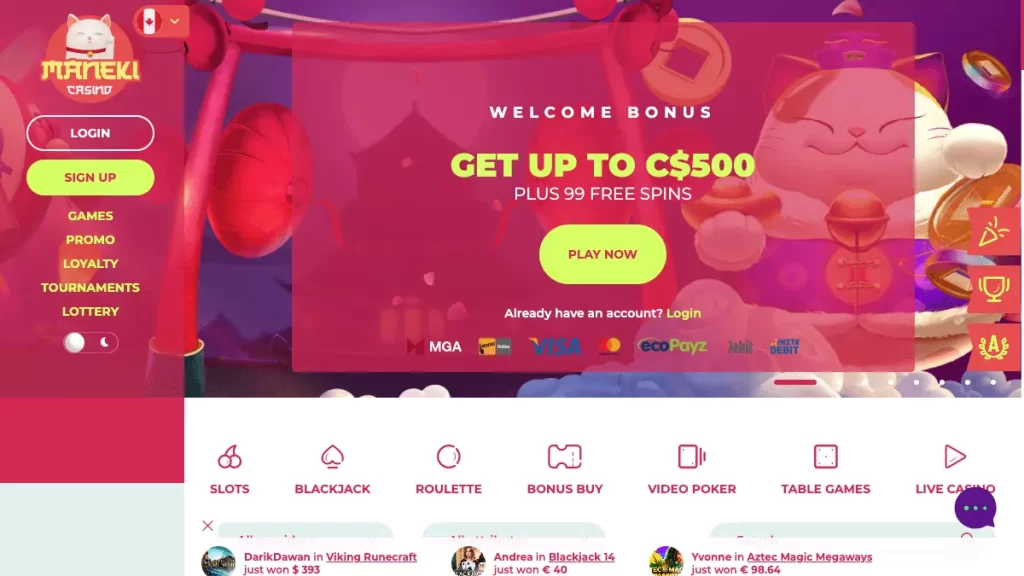 Maneki Casino homepage