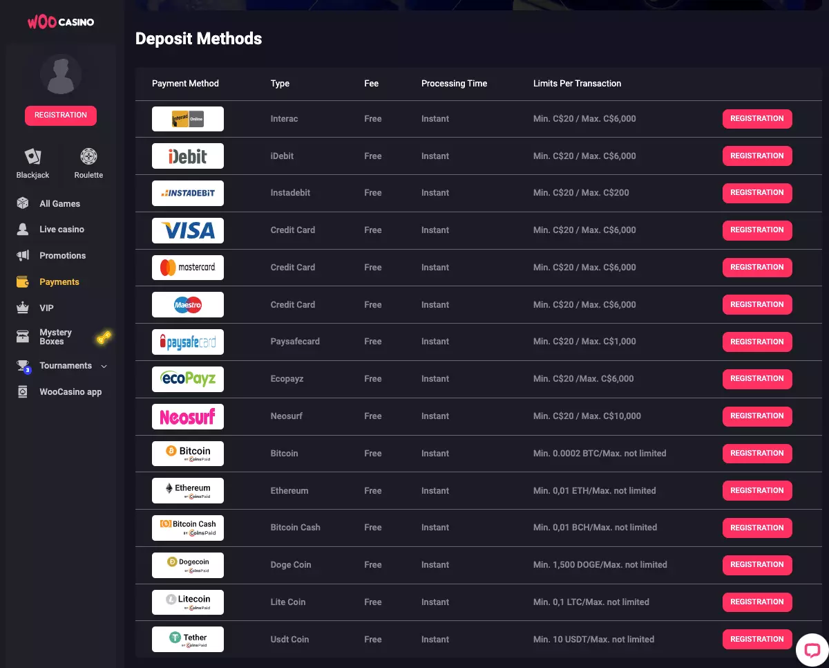 Woo Casino Deposit Methods