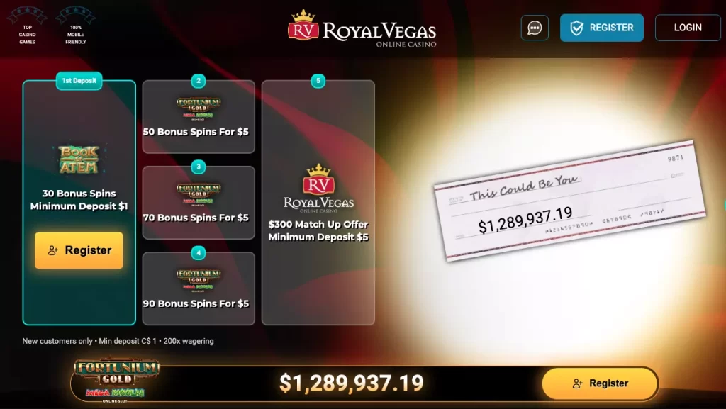 Royal Vegas $1 Deposit Bonus CA