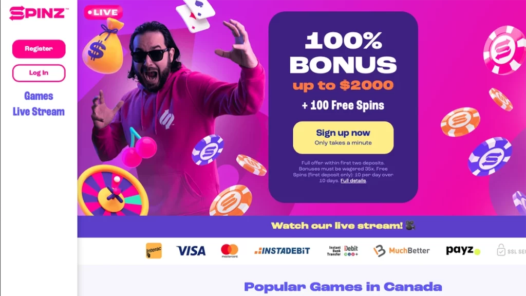 Spinz Casino homepage