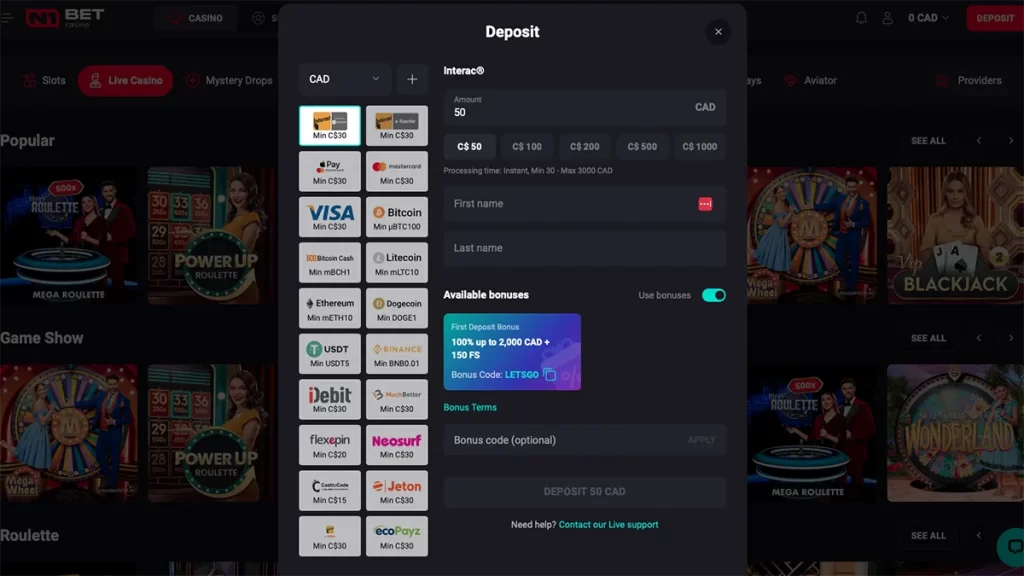 N1 Bet Casino payment methods