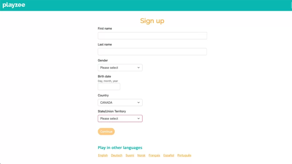 Playzee Casino Sign Up screenshot