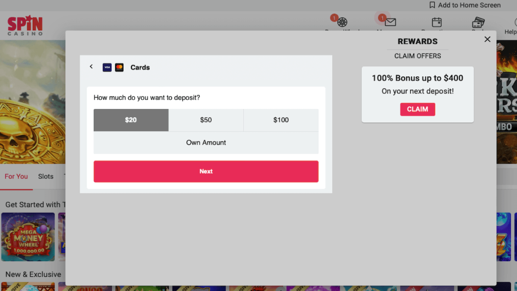 Mastercard Spin Casino Deposit screenshot
