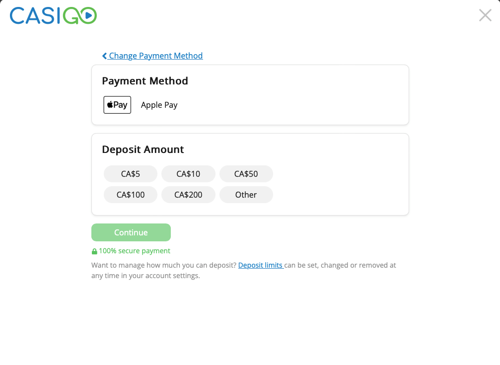 Casigo Apple Pay deposit screenshot