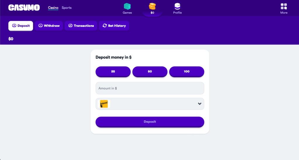 Interac deposit screenshot from Casumo