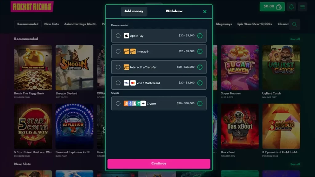 Rocket Riches Casino Payment Methods