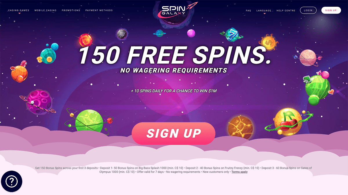 Spin Galaxy Casino 150 free spins no wagering