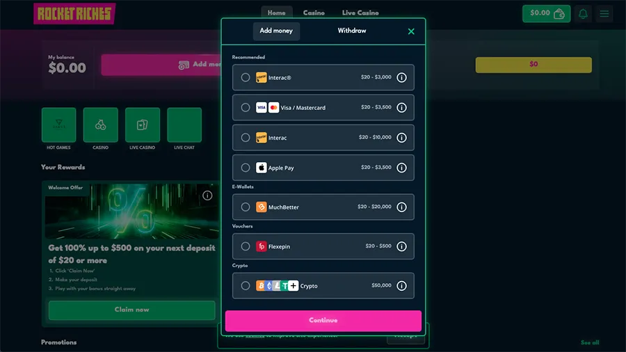 Rocket Riches Payment Methods Screenshot