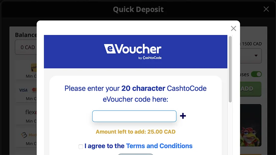 PlayAmo Casino CashtoCode eVoucher code