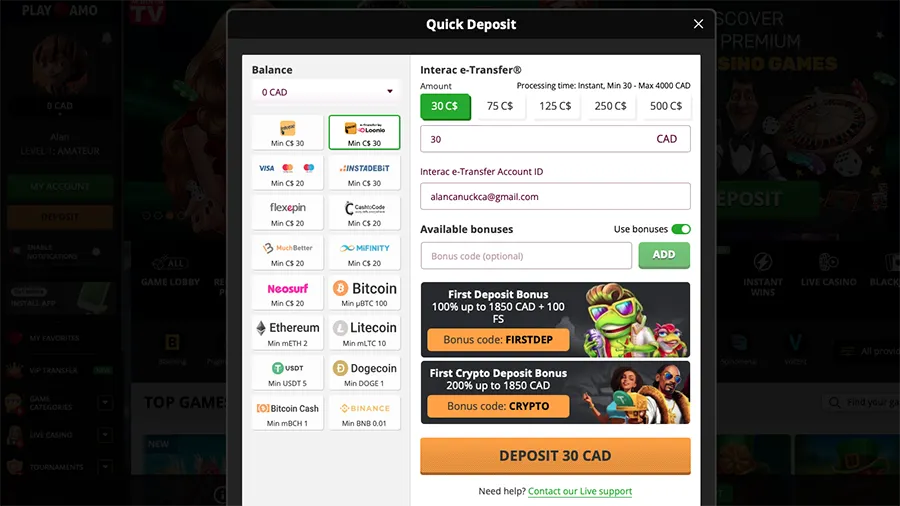 PlayAmo Casino Loonio Screenshot