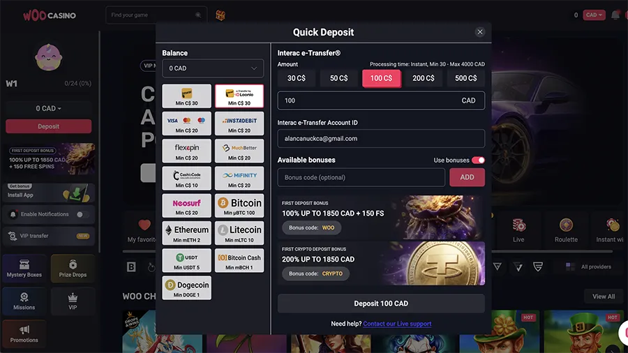 Woo Casino loonio payment screenshot