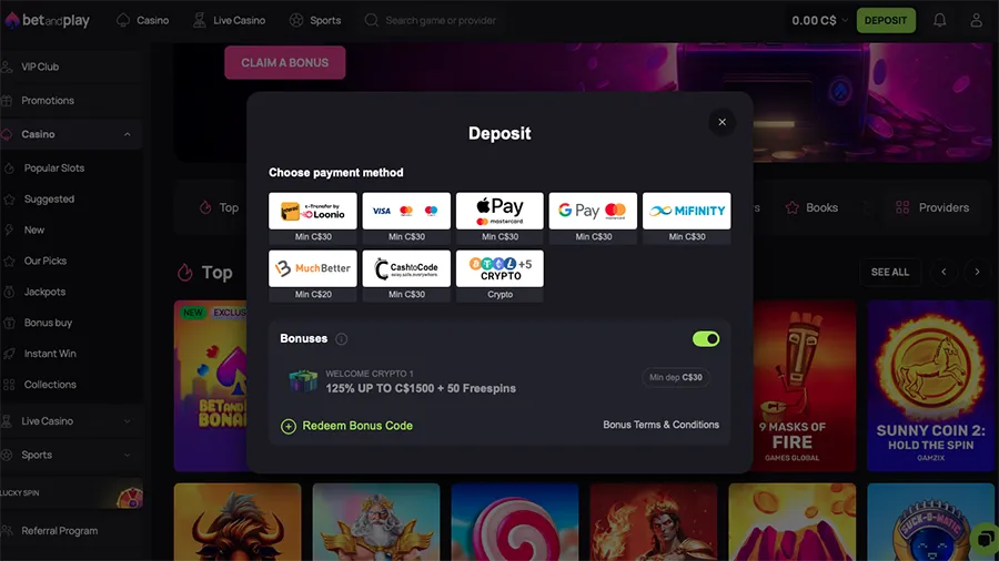 Betandplay Casino Payment Methods