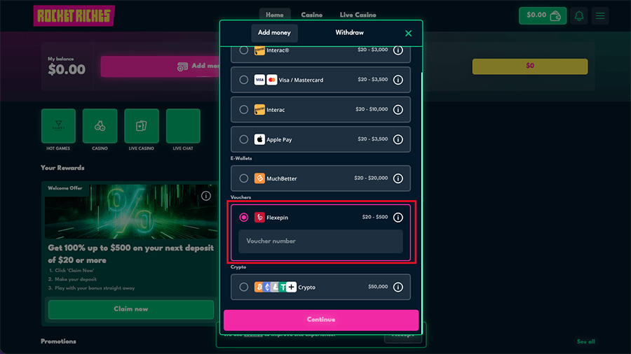 Rocket Riches Casino Flexepin