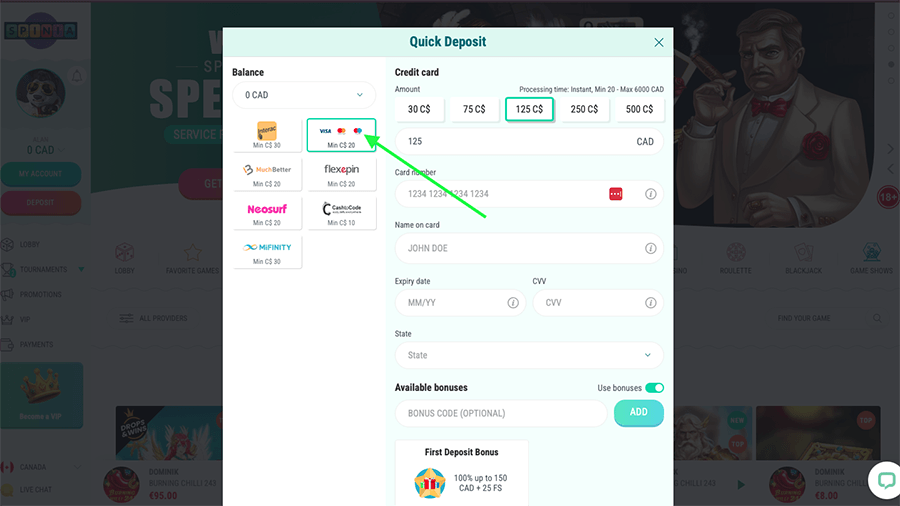 Spinia Casino Maestro Deposits